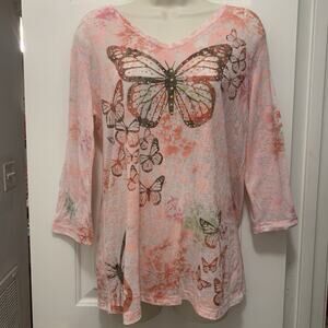 Style & Co Sport Butterfly Burnout Top Sheer Embellished 3/4 Sleeve M
